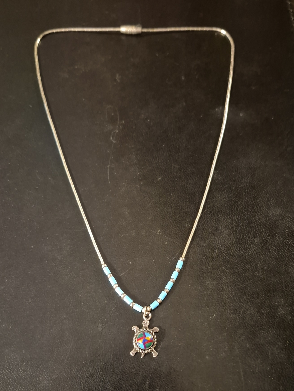 Silver Turtle Pendant Necklace with Turquoise Beads